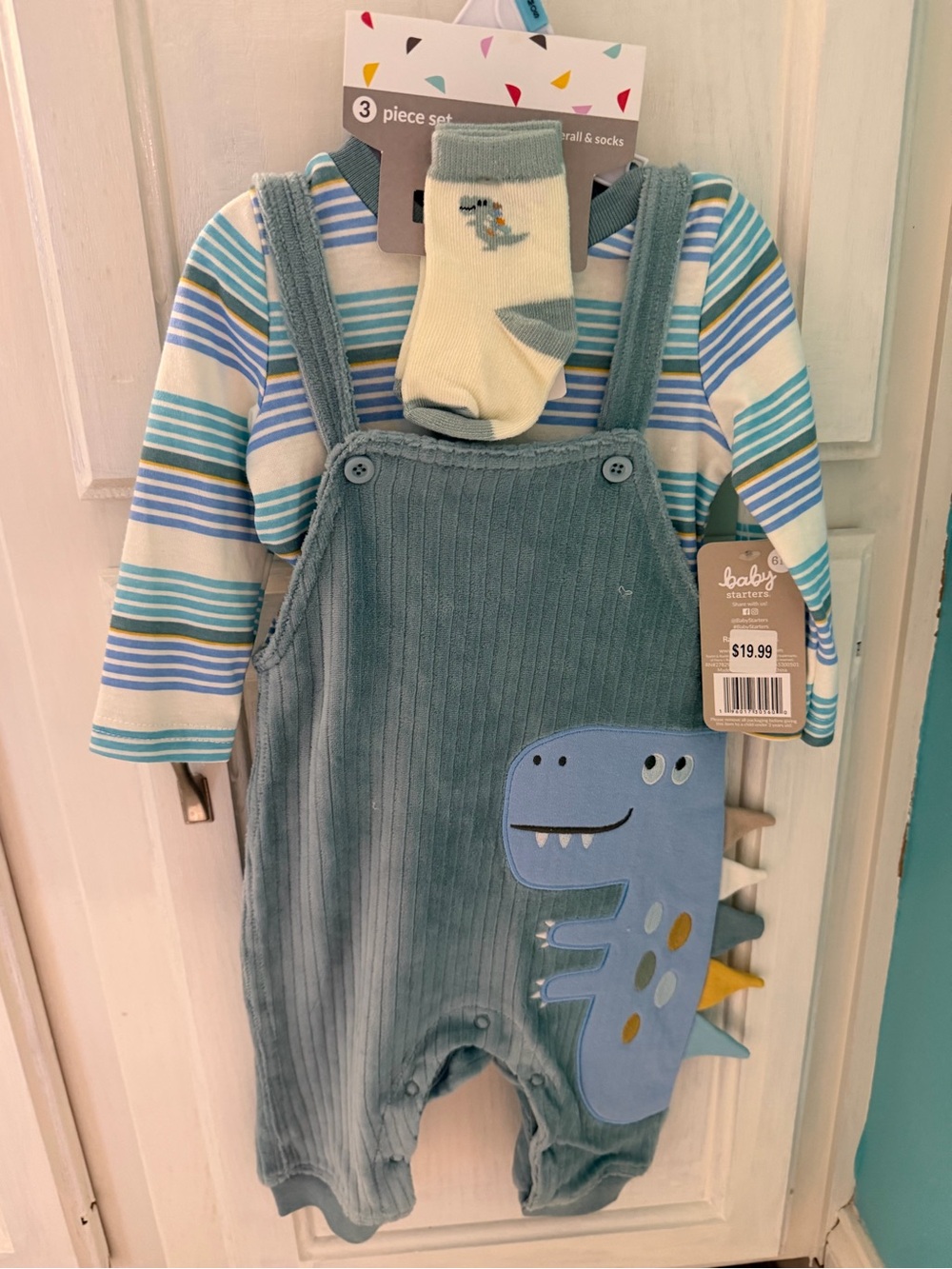 Baby Starter 6mo Dino Overalls Set with Striped Shirt and Socks - Blue Green